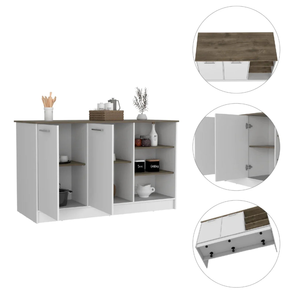 White Dark Brown Kitchen Island with Two Cabinets and Three Open Shelves K3197