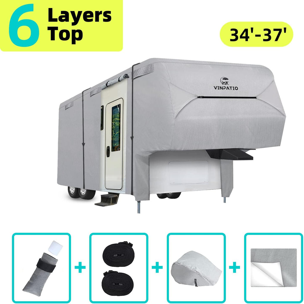 6 Layers Heavy Duty Waterproof Fifth Wheel RV Cover with 2 Extra Long Straps W130