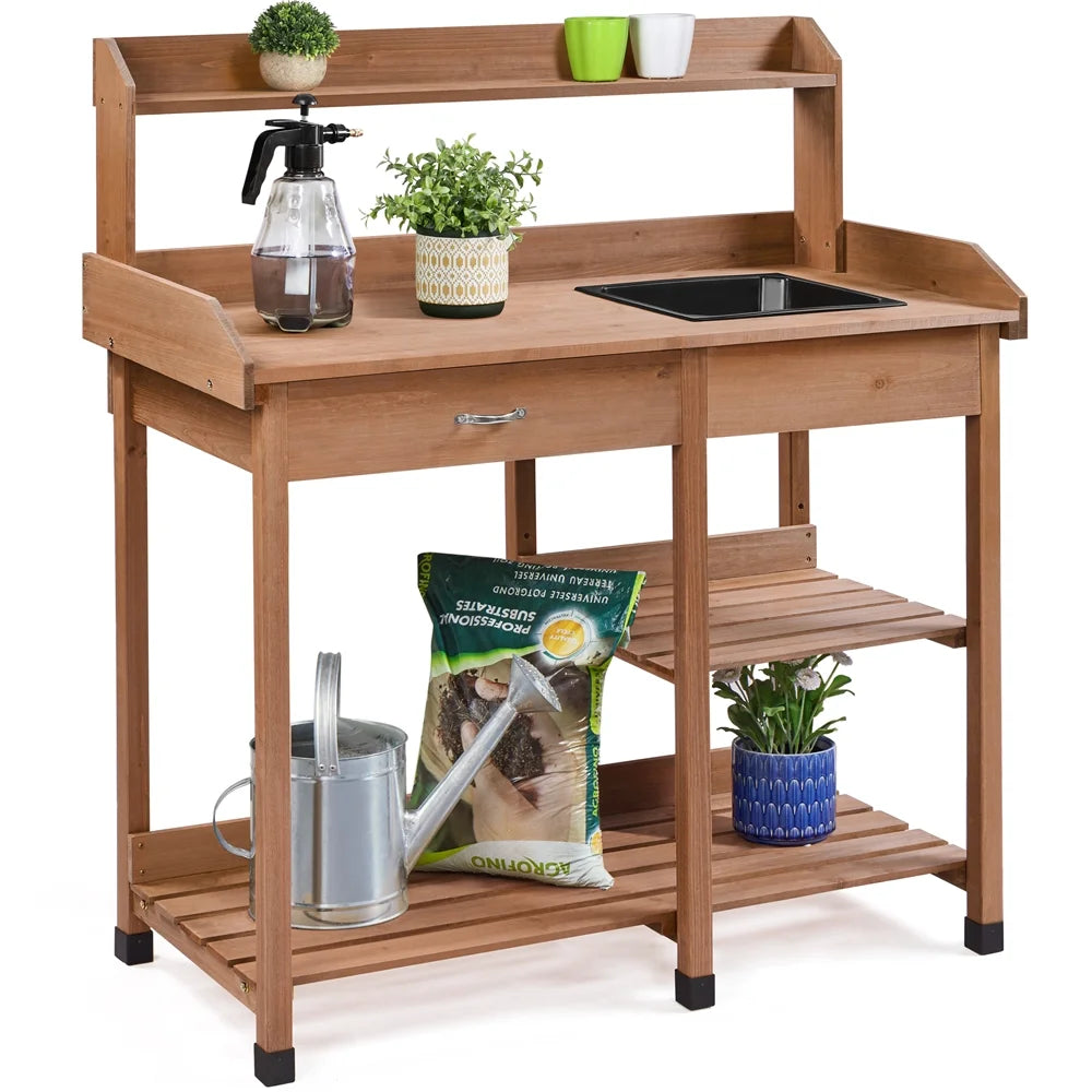 Brown Garden Potting Bench with Sink Drawer J21848