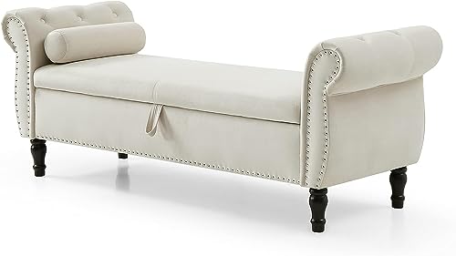 Grey Button Tufted Velvet Upholstered Storage Bench Ottoman with Pillow T985