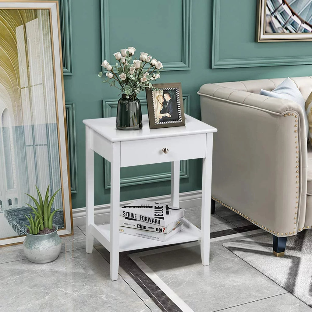 White 2-Tier Wooden Nightstand with Drawer D69561