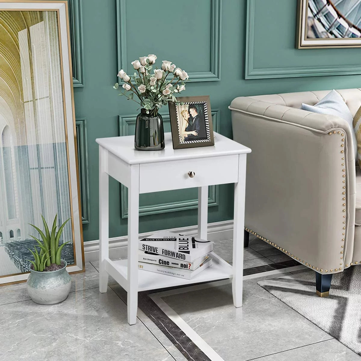 White 2-Tier Wooden Nightstand with Drawer D69561
