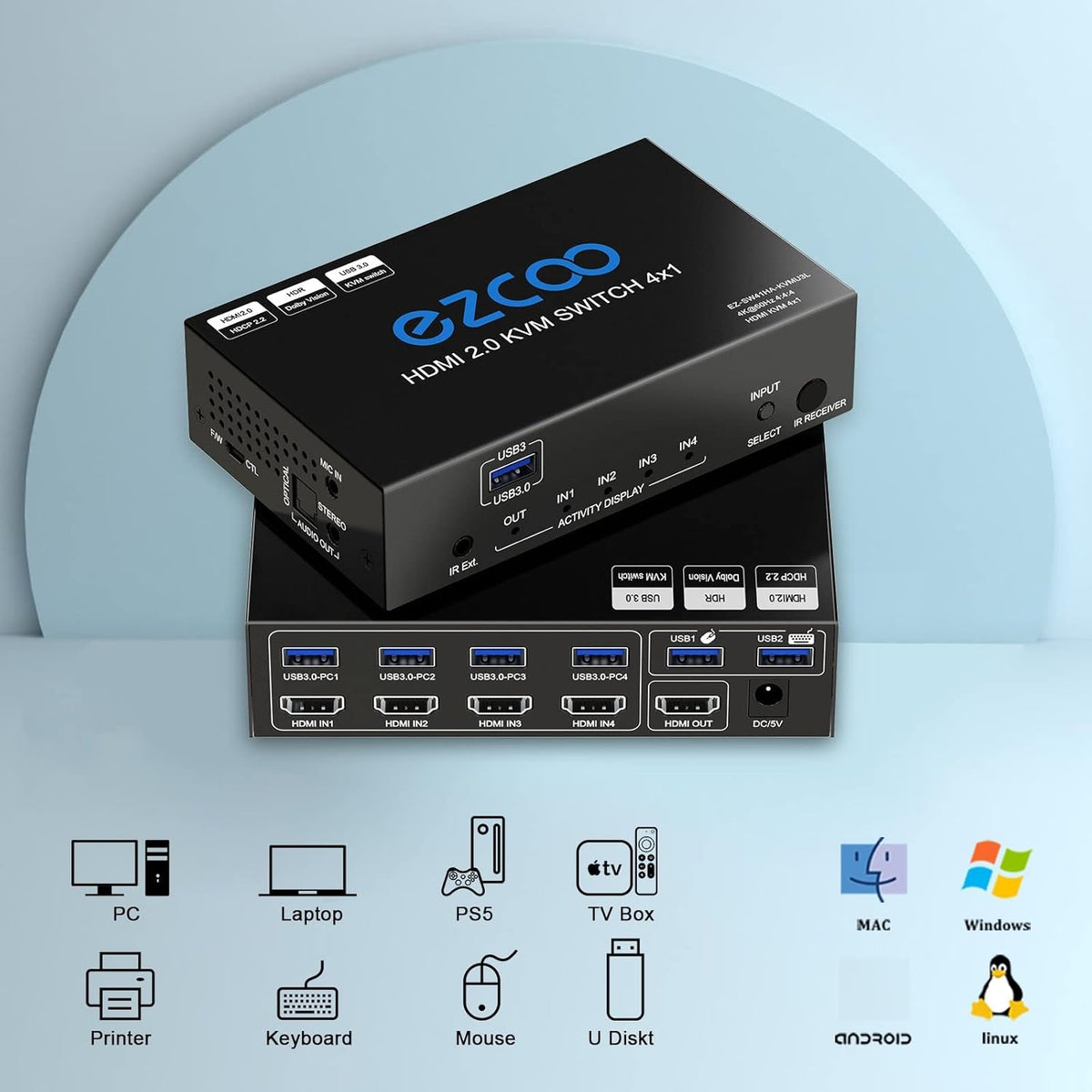 4-Port USB 3.0 KVM Switch HDMI 4K 60Hz with USB Peripheral Hub E18342
