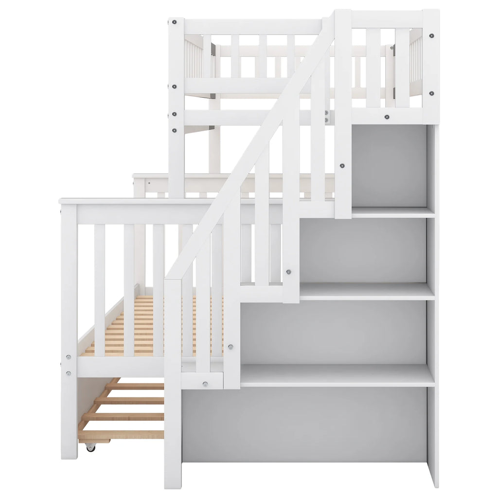 Twin Over Full Bunk Bed with Trundle and Stairs, White O285