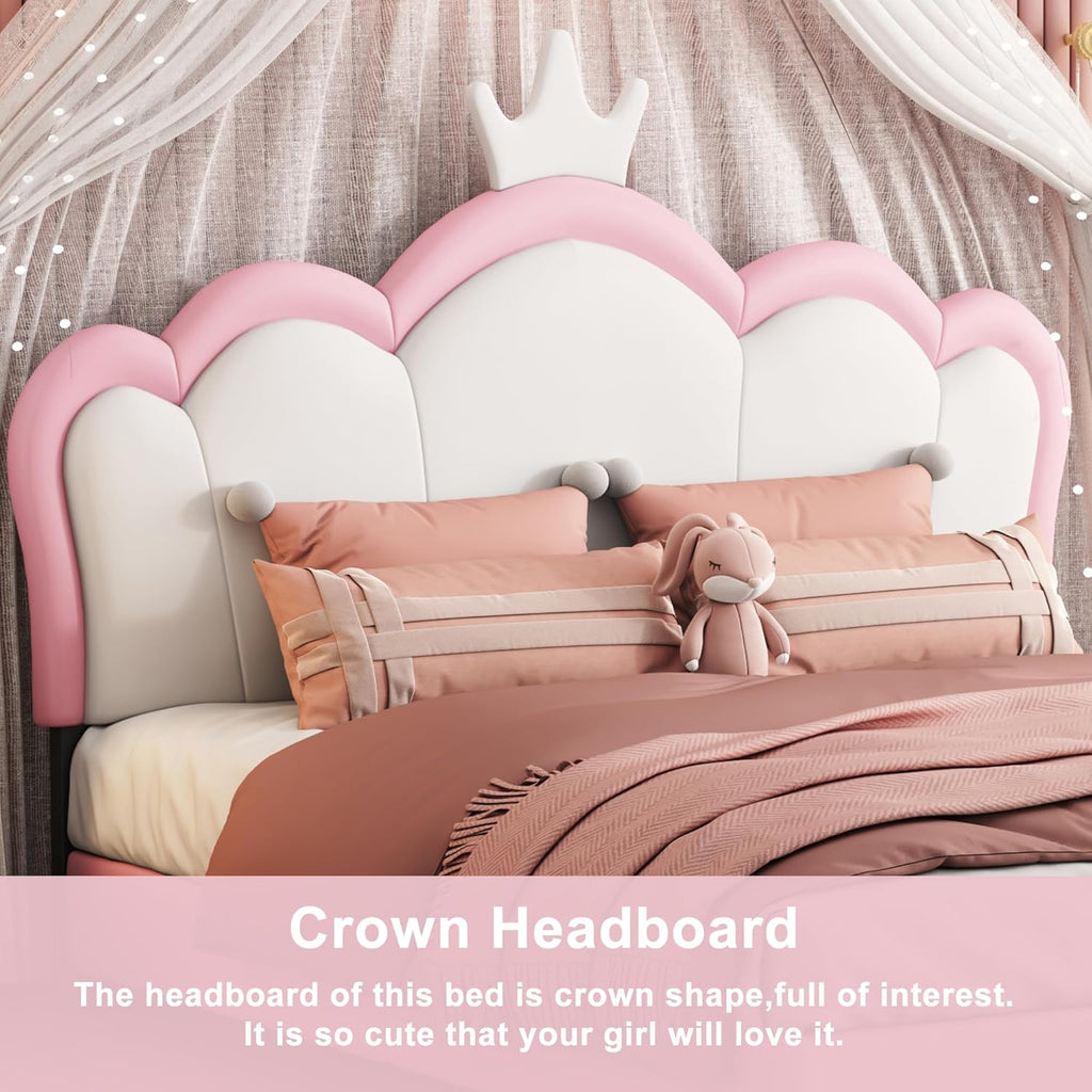 Pink Twin Size PU Upholstered Princess Bed Frame with Crown Headboard O65087