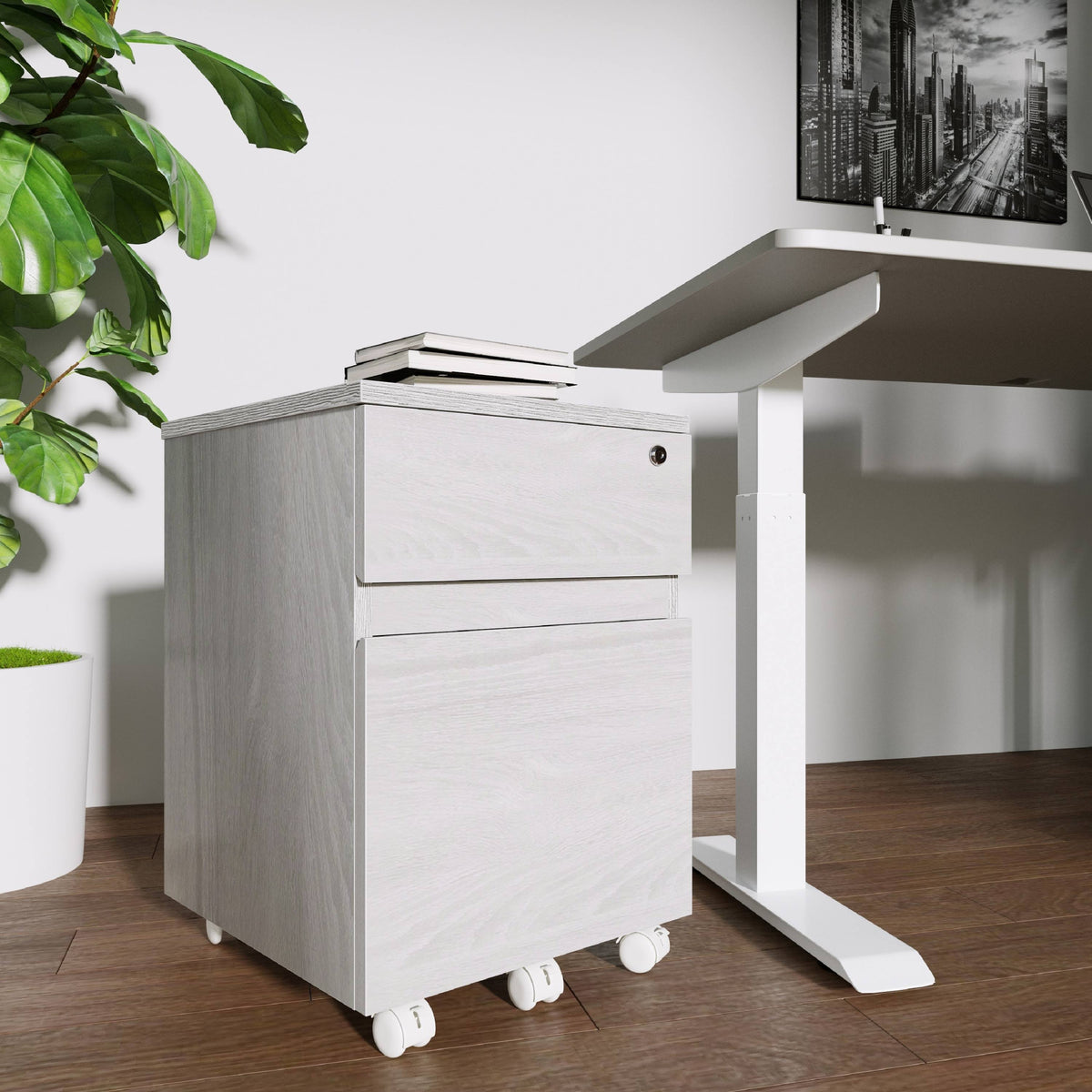 White Rolling Two Drawer Vertical Filing Cabinet with Lock M798