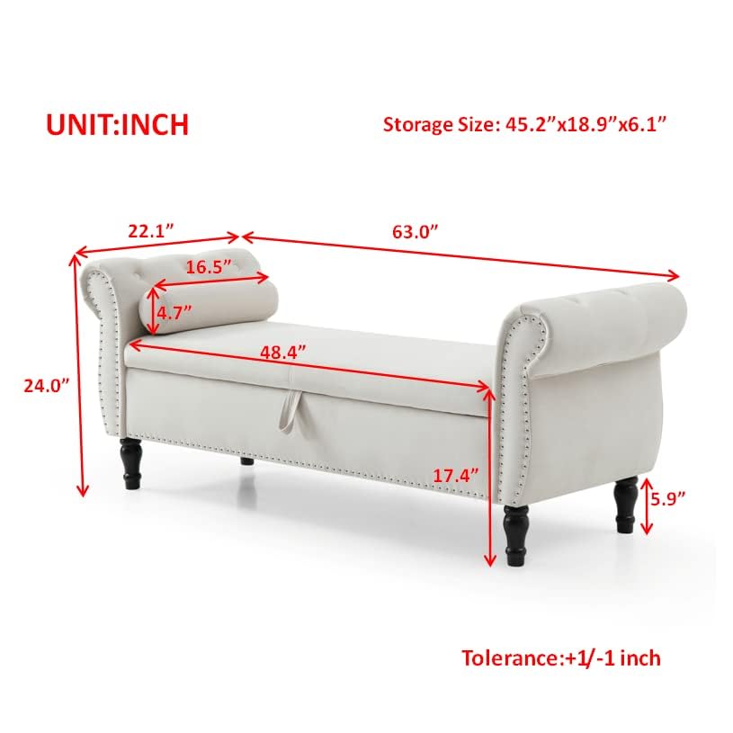 Grey Button Tufted Velvet Upholstered Storage Bench Ottoman with Pillow T985
