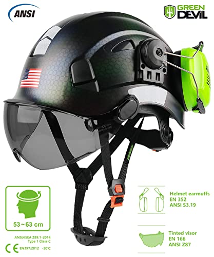 Safety Helmet Hard Hat with Visor and Ear Protection Adjustable Lightweight Vented ABS Work Helmet 6-Point Suspension W8317