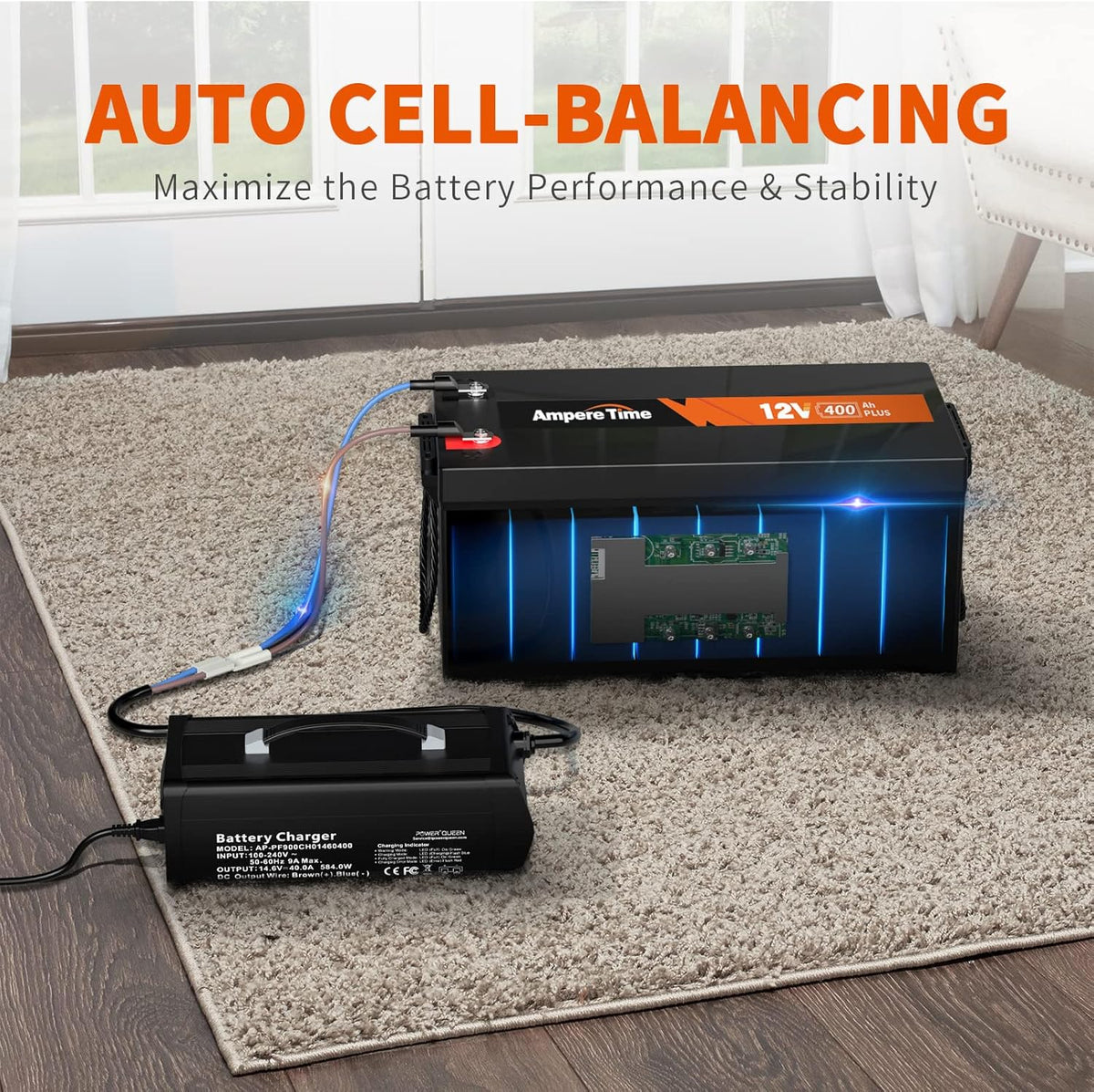 12V 400Ah LiFePO4 Battery with 250A BMS and 14.6V 40A Charger C443
