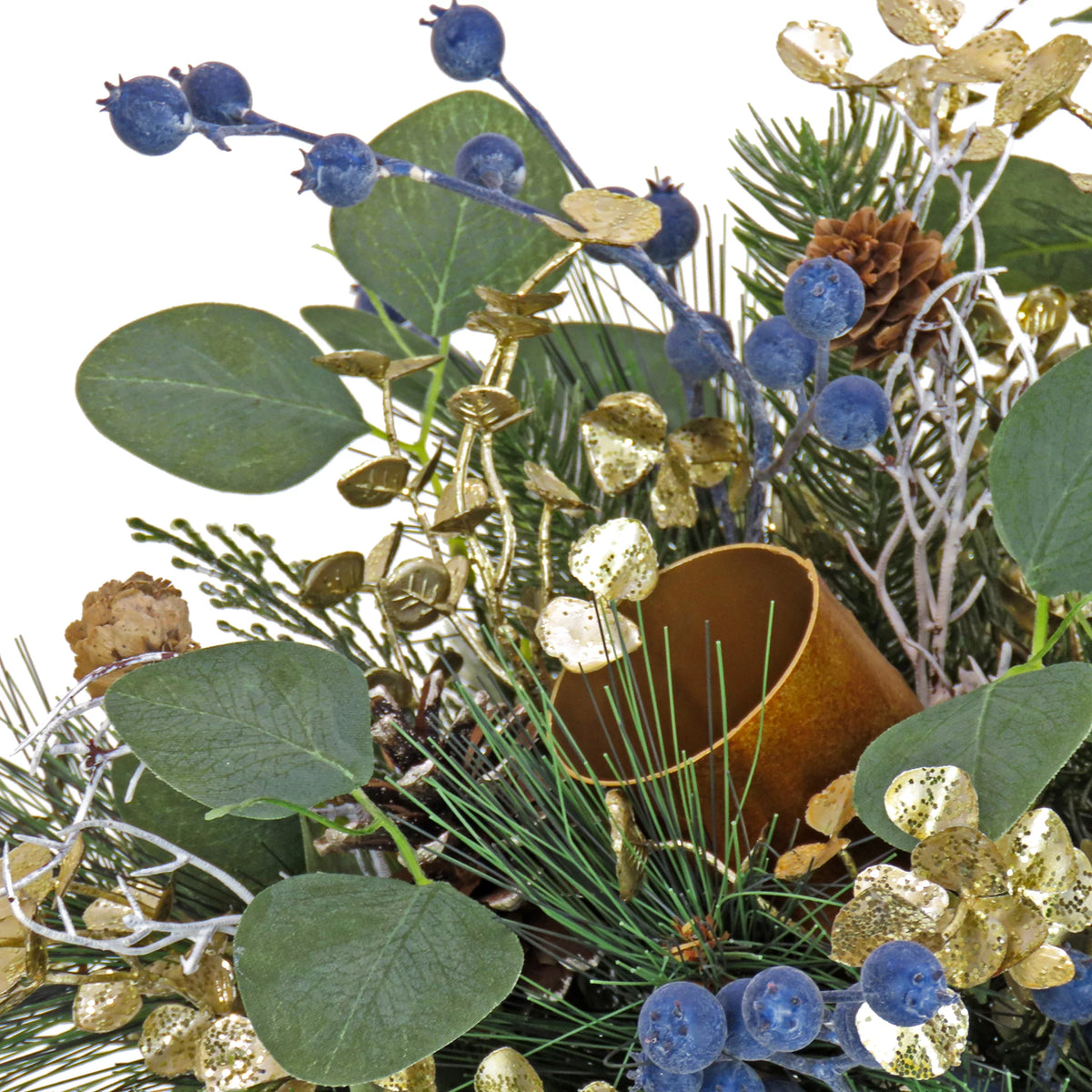 Blue 17in Artificial Arrangement with Pinecones Berries Bells and Metal Pot Base B481144