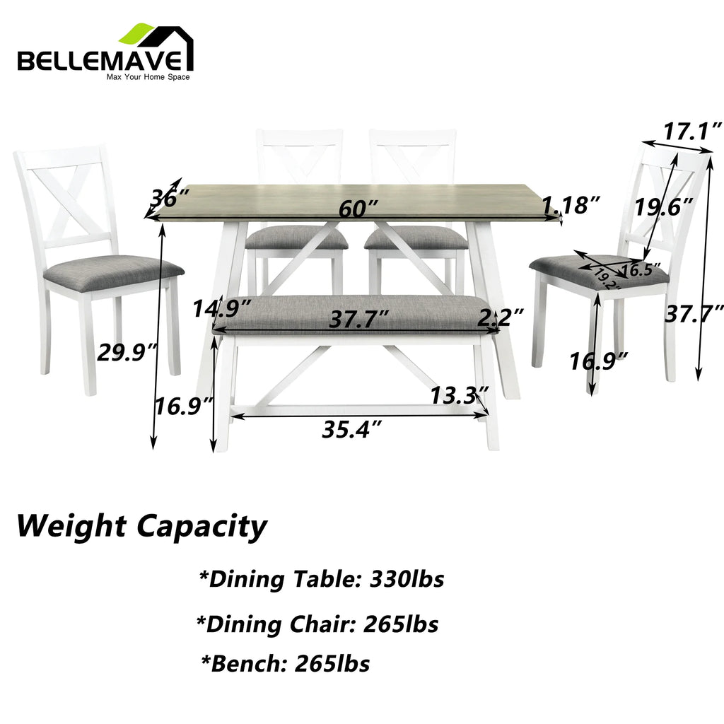 White 6 Piece Wood Counter Height Dining Table Set with 4 Chairs and a Bench R41706