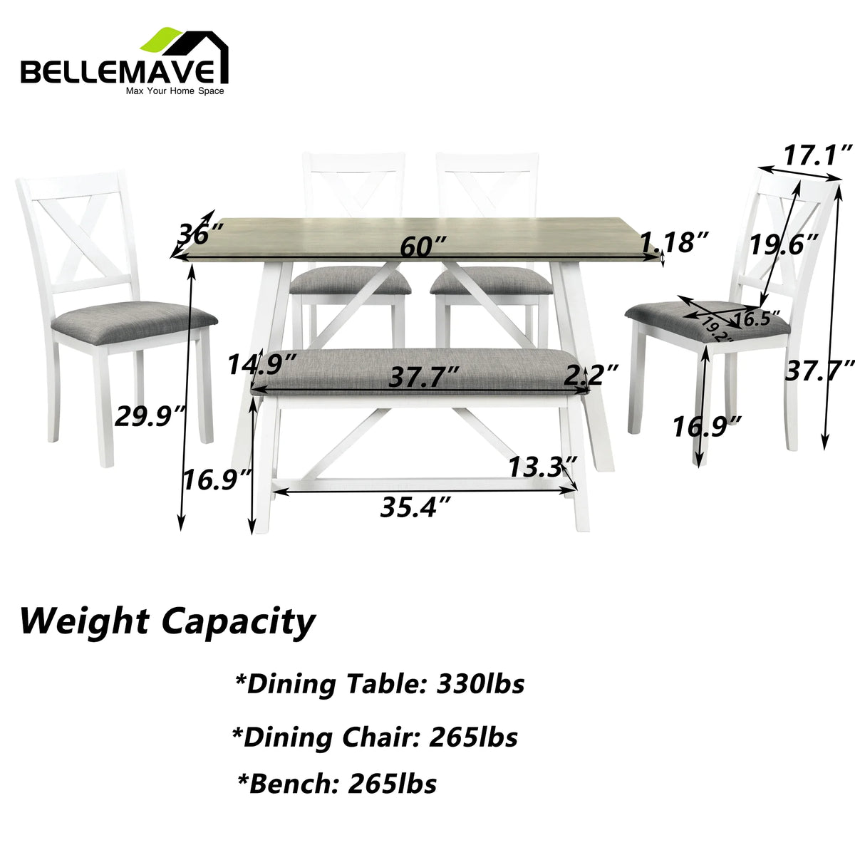 White 6 Piece Wood Counter Height Dining Table Set with 4 Chairs and a Bench R41706