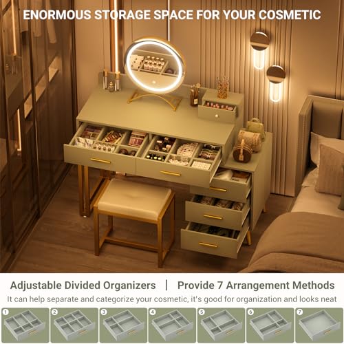 White Vanity Desk with Mirror and Lights, 6 Drawers, Cushioned Stool I200990