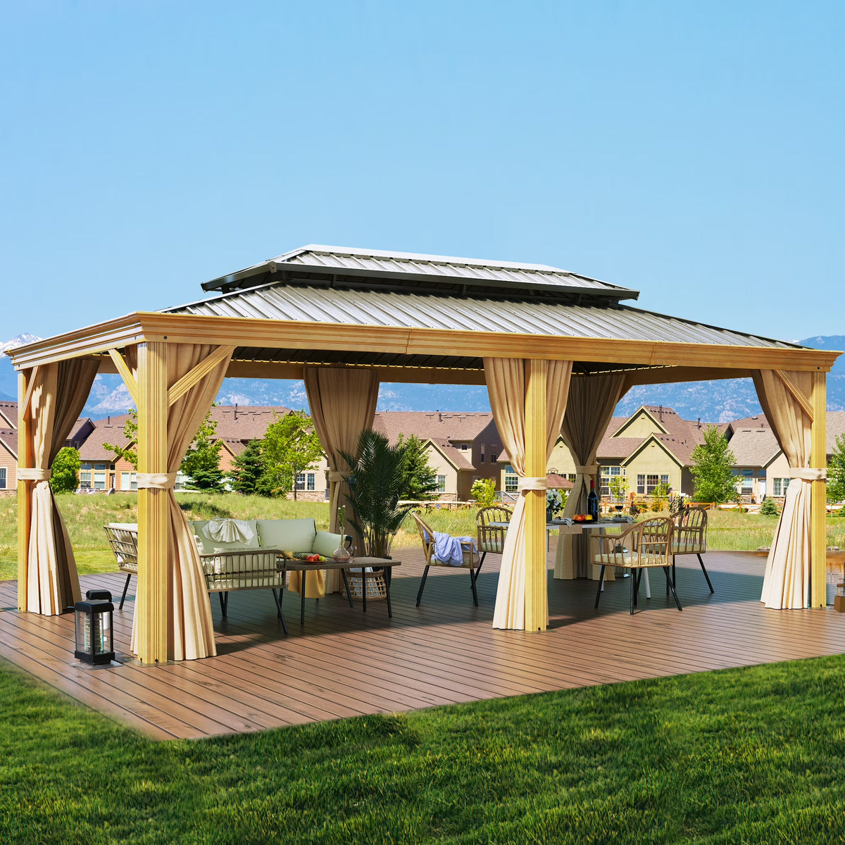 12x20ft Hardtop Gazebo with Nettings and Curtains, Wood Grain Double Roof Galvanized Steel U723863