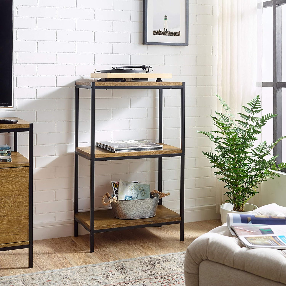 Rustic Industrial 3 Tier Bookshelf with Metal Frame G480