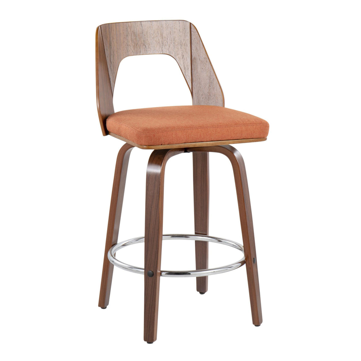 Mid-Century Modern Counter Stool In Walnut And Orange Fabric - Set Of 2 P1069