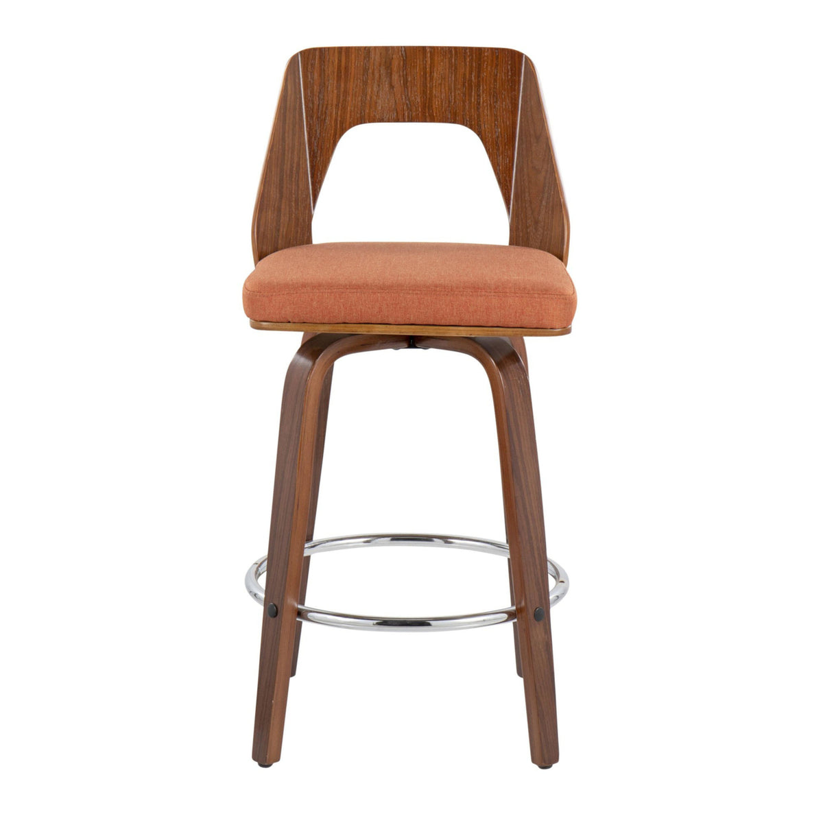 Mid-Century Modern Counter Stool In Walnut And Orange Fabric - Set Of 2 P1069