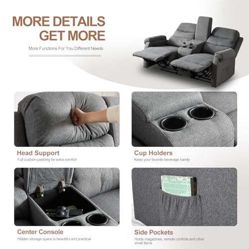 Grey Manual Reclining Loveseat Sofa 2 Seater with Cup Holders O70618