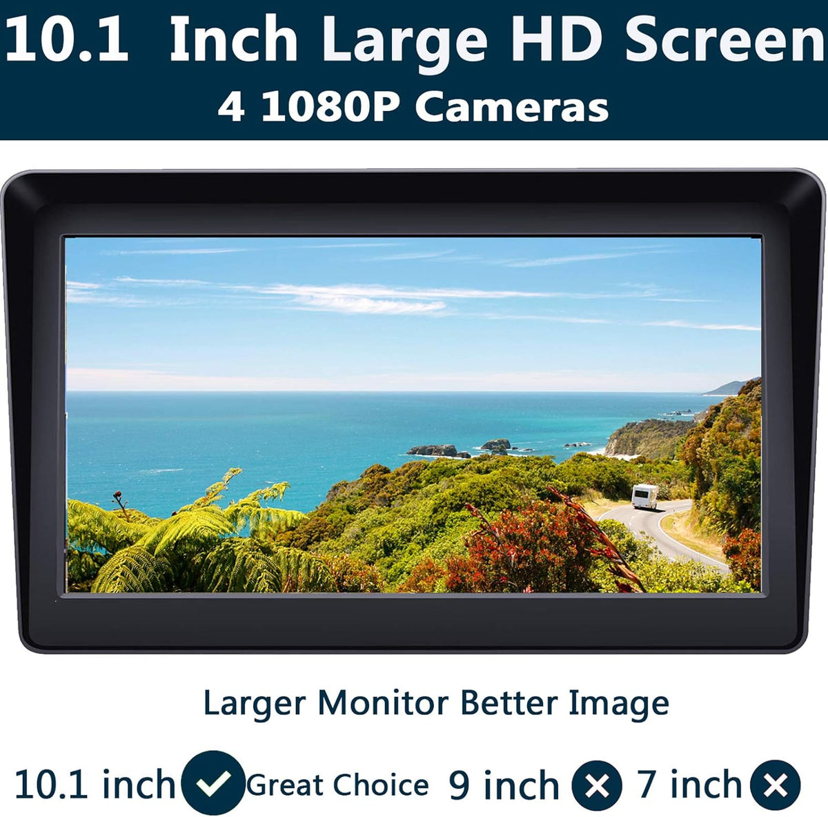 10.1 Monitor Backup Camera Wired System 1080P HD 4 Split Screen IP69 Waterproof T227