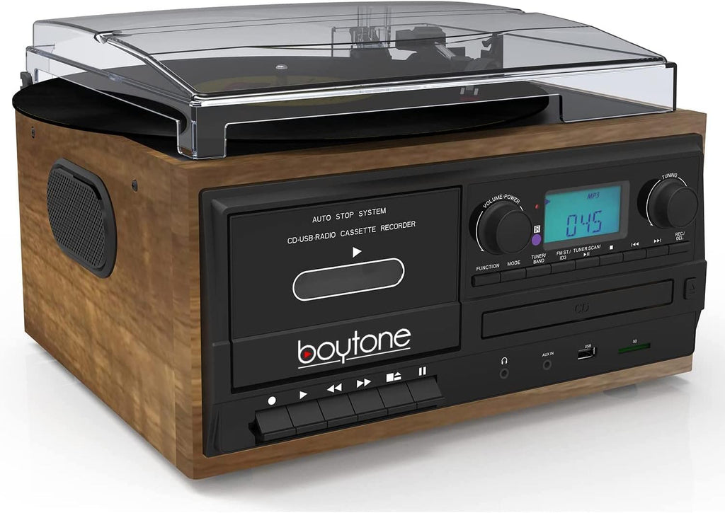 Bluetooth Record Player Turntable with AM/FM Radio, Cassette, CD Player, 2 Built in Speaker, SD Slot, USB, AUX J640121