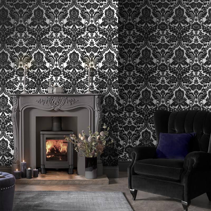 Cobalt Damask Flock Wallpaper C37264