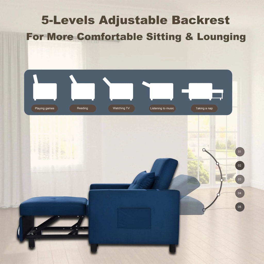 Blue Convertible Single Sofa Bed with Pull Out Sleeper Y244688