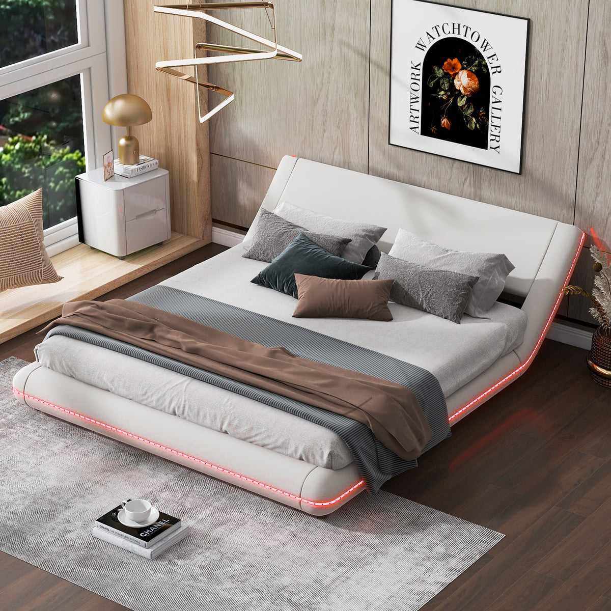 Queen Size Upholstery Platform Bed Frame with Sloped Headboard G6844