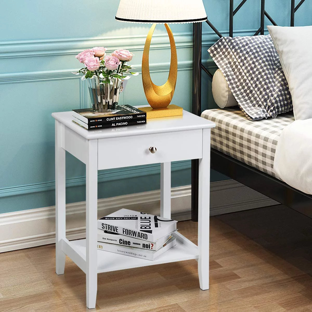 White 2-Tier Wooden Nightstand with Drawer D69561