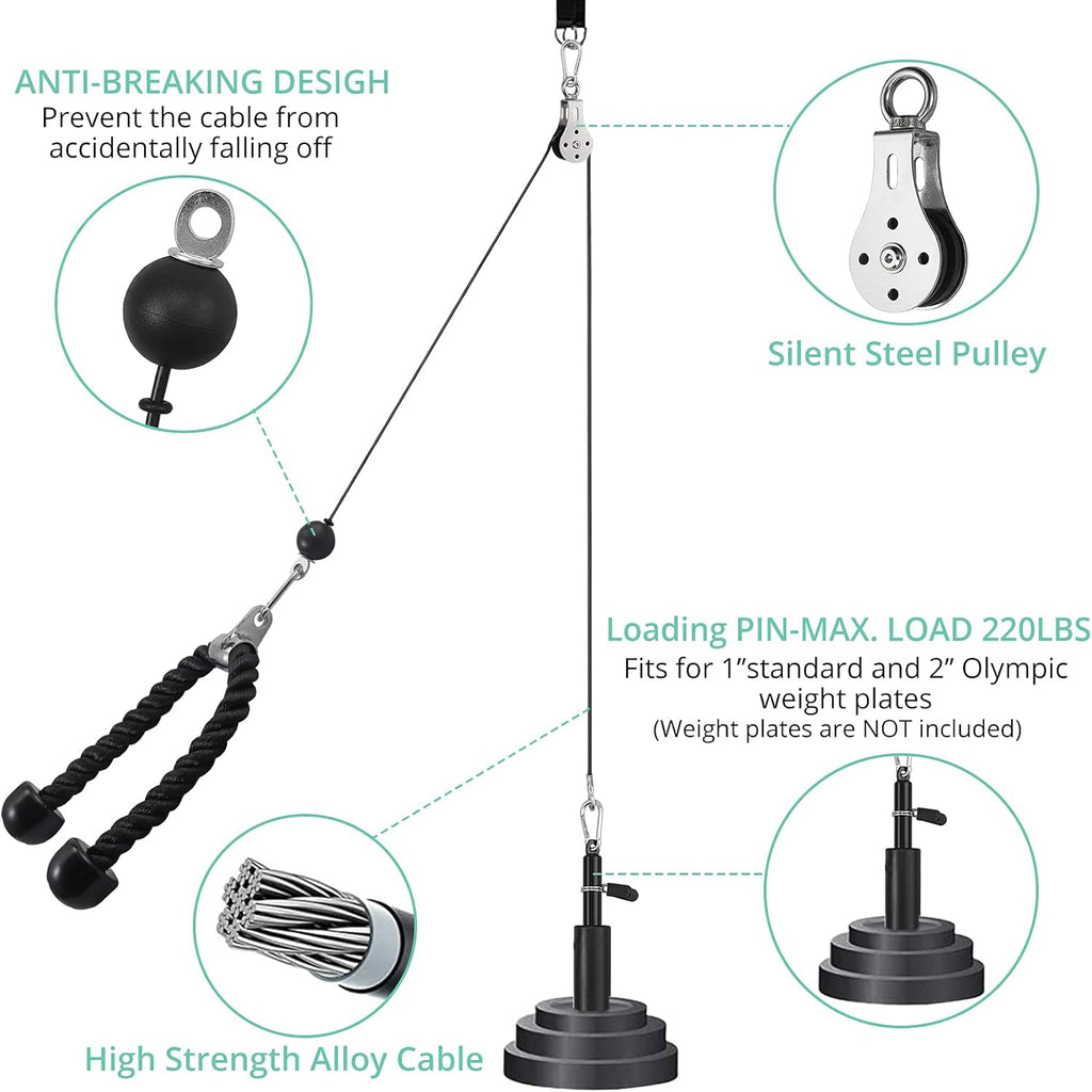 Fitness Pulley System with Tricep Rope, LAT Pull Down Bar P62535