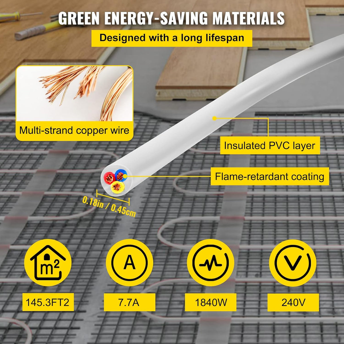 Floor Heating Cable 145.3 Square Feet Waterproof Insulated Temperature Control Panel Pack of 2 B99145