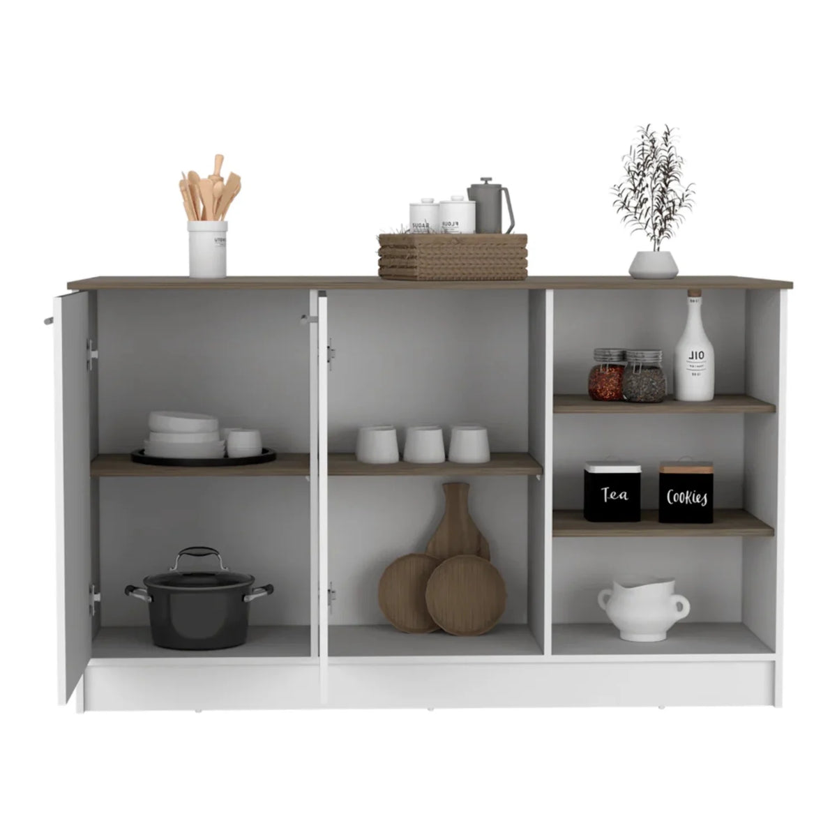 White Dark Brown Kitchen Island with Two Cabinets and Three Open Shelves K3197