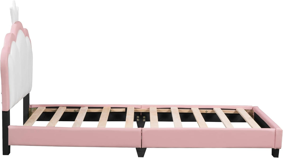 Pink Twin Size PU Upholstered Princess Bed Frame with Crown Headboard O65087