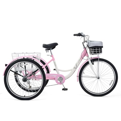 7 Speed Adult Tricycle with Front & Rear Removable Wheeled Baskets, 24 26 inch E27572