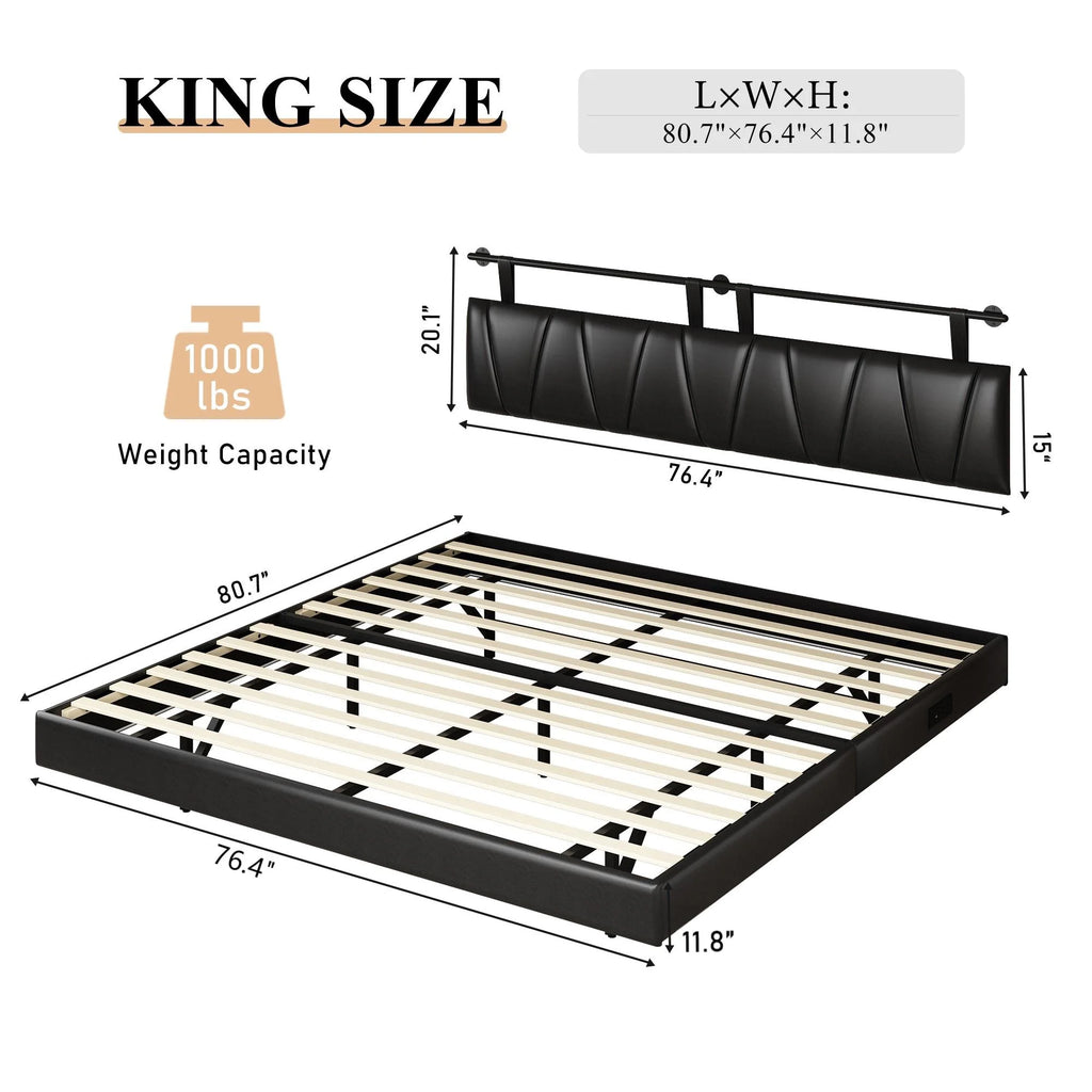 King Size Floating Upholstered Platform Bed with LED Light & Power Charging Station B42003