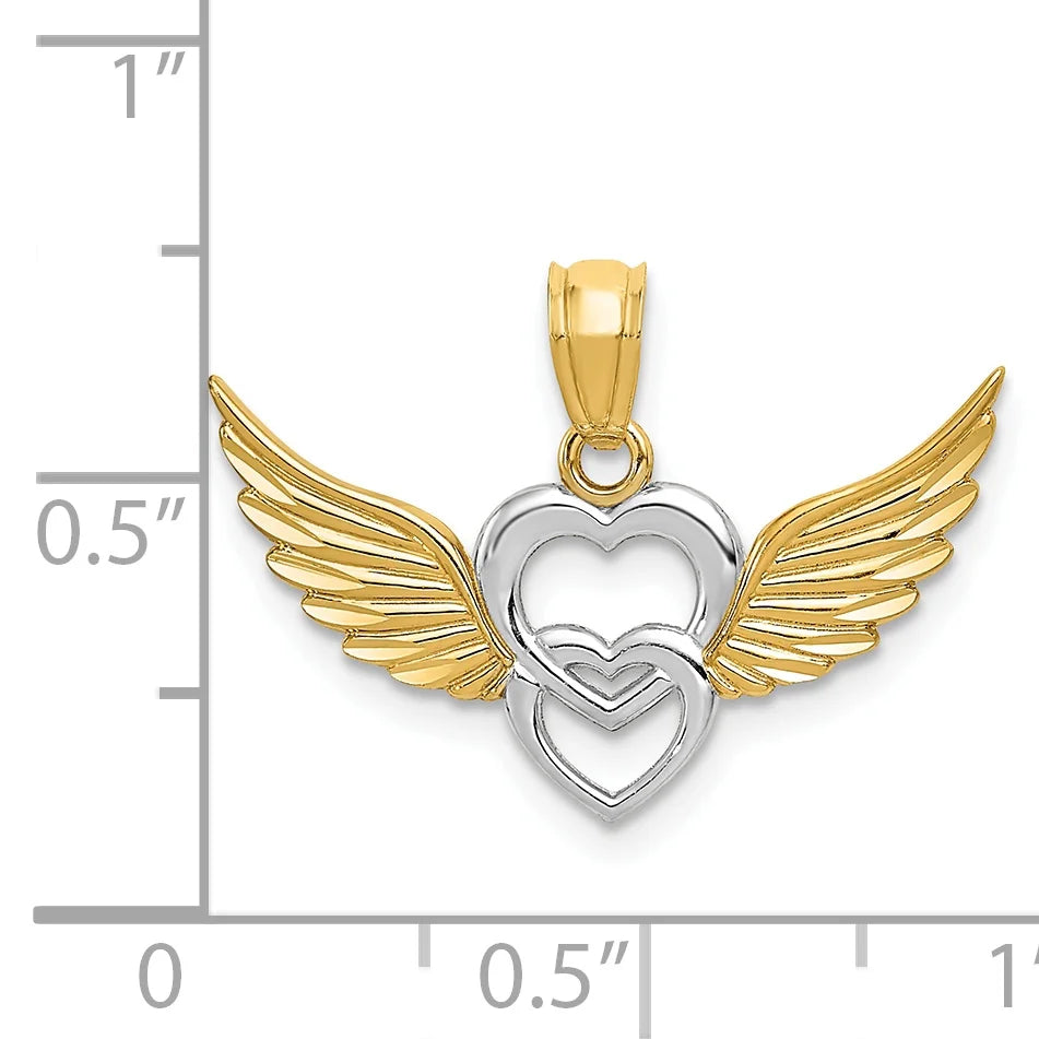 14K Two-Tone Gold Rhodium Plating Heart With Wings Pendant on 16 Inch 14K Gold Rope Chain Necklace E61027