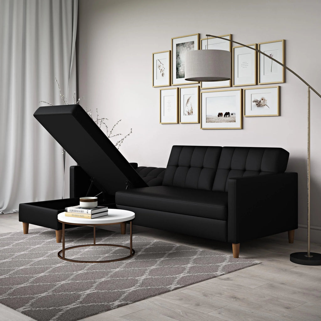 Black Faux Leather Reversible Sectional Futon with Chaise R135849