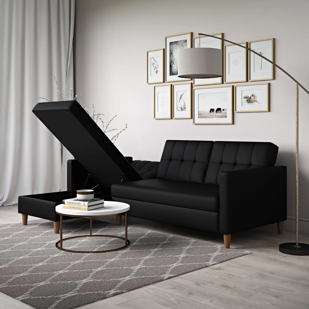 Black Faux Leather Reversible Sectional Futon with Chaise R135849