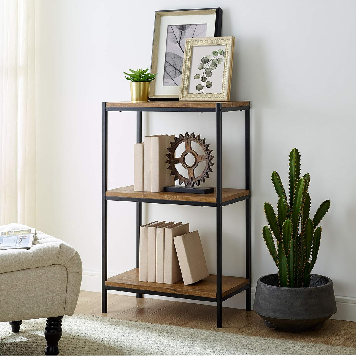 Rustic Industrial 3 Tier Bookshelf with Metal Frame G480