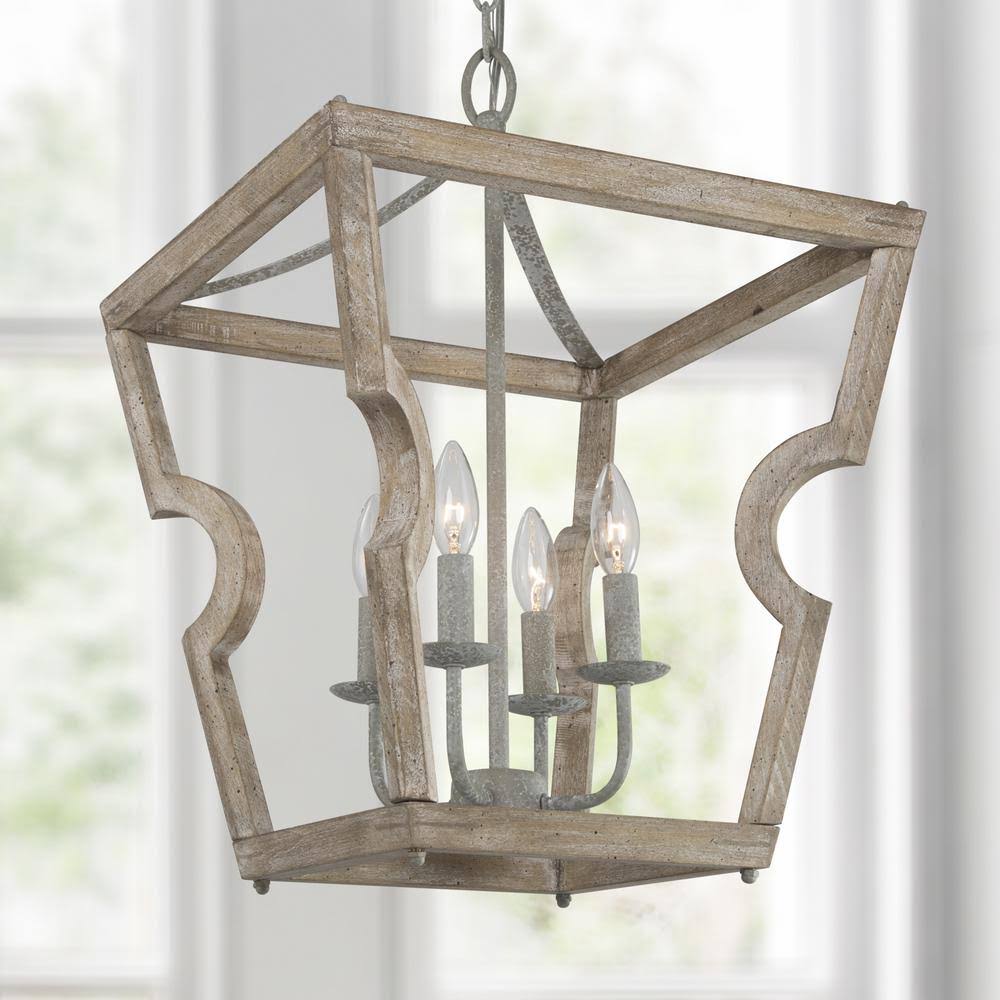 Farmhouse Chandelier 4-Light Brown Wood with Rust Accent V90754