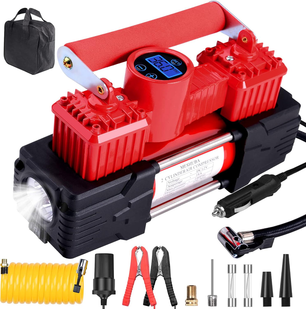 Red Double Cylinder Portable Air Compressor Tire Inflator with Digital Gauge, 12V DC, Pack of 2 H630665