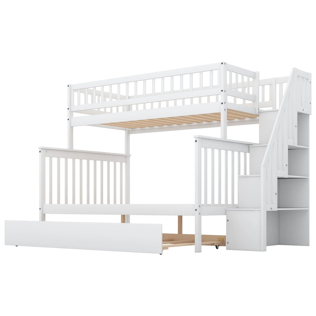 Twin Over Full Bunk Bed with Trundle and Stairs, White O285