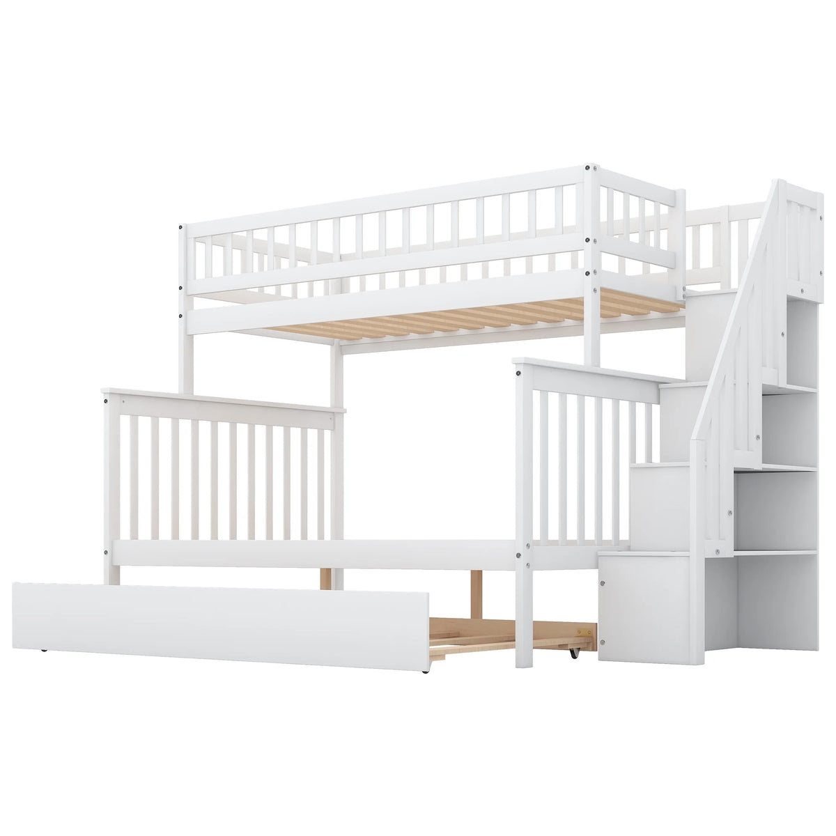 Twin Over Full Bunk Bed with Trundle and Stairs, White O285
