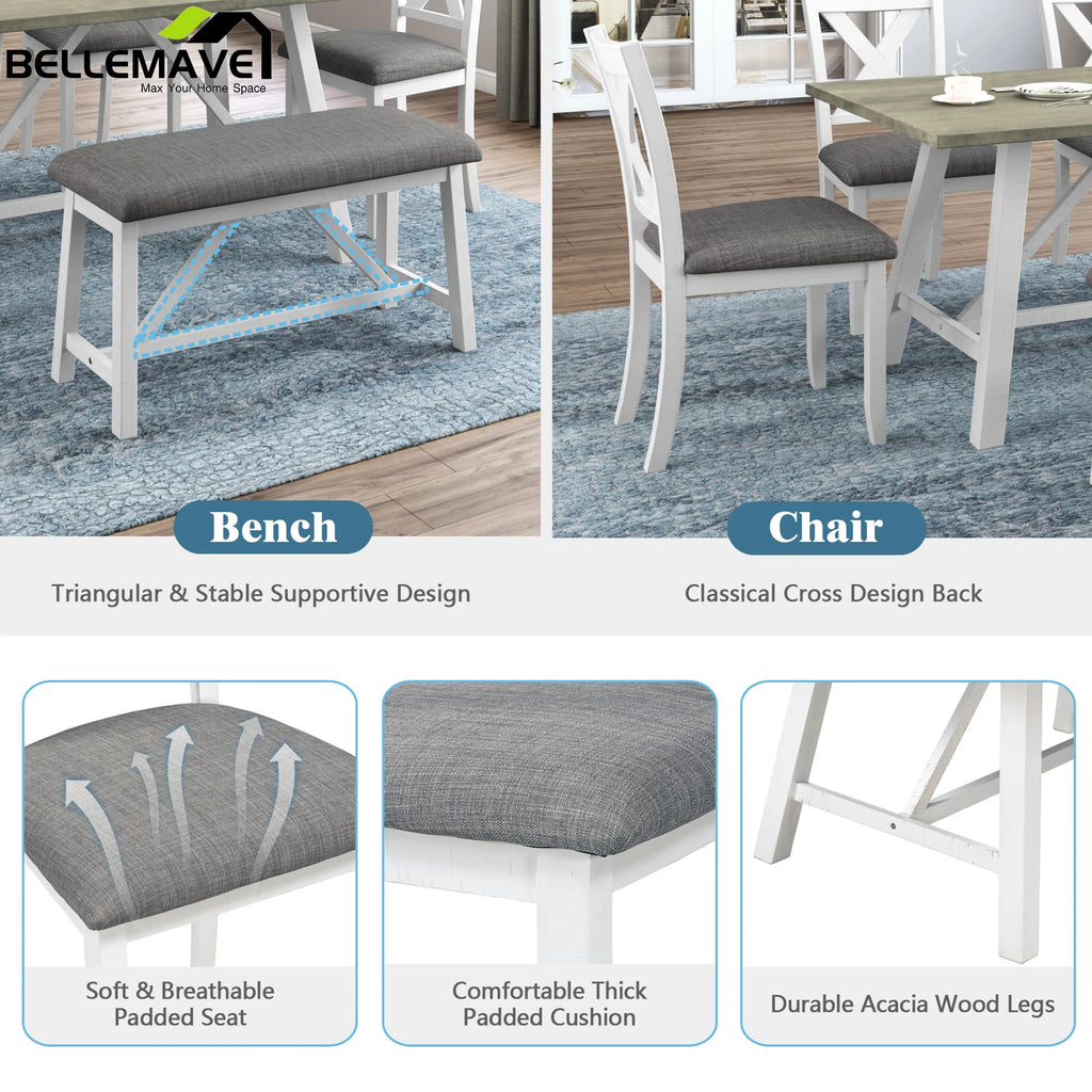 White 6 Piece Wood Counter Height Dining Table Set with 4 Chairs and a Bench R41706
