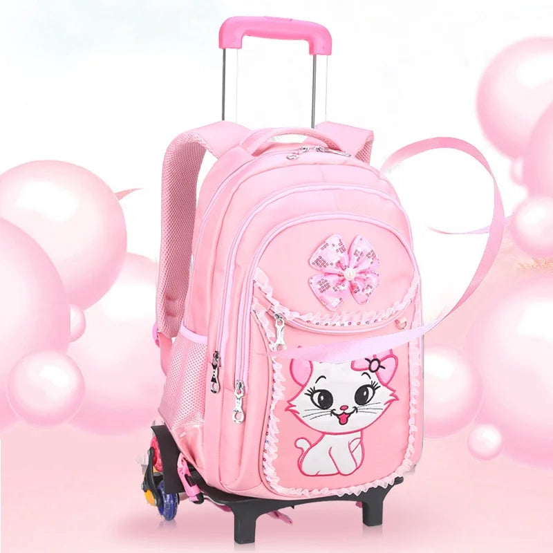 Pink Kids Rolling Backpack with Cartoon Cat M9173