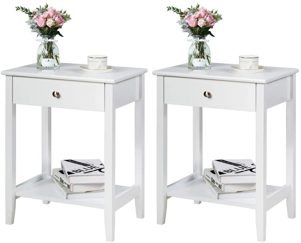 White 2-Tier Wooden Nightstand with Drawer D69561