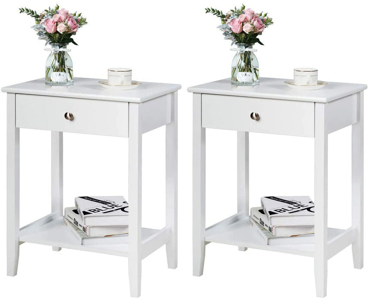 White 2-Tier Wooden Nightstand with Drawer D69561