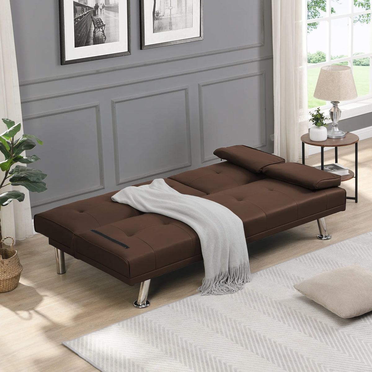 Brown PVC Sofa Bed with Armrest and Wood Frame N96678