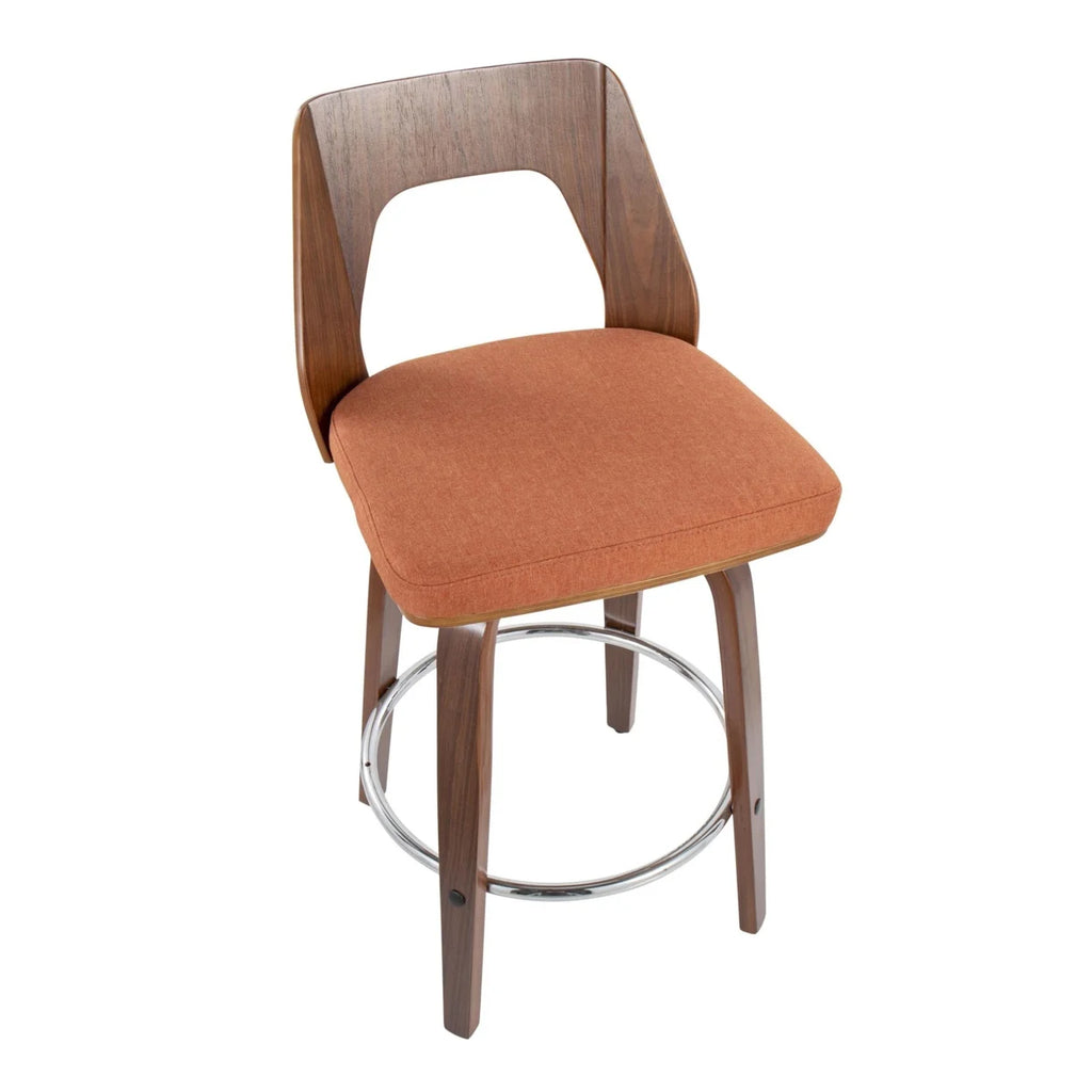 Mid-Century Modern Counter Stool In Walnut And Orange Fabric - Set Of 2 P1069