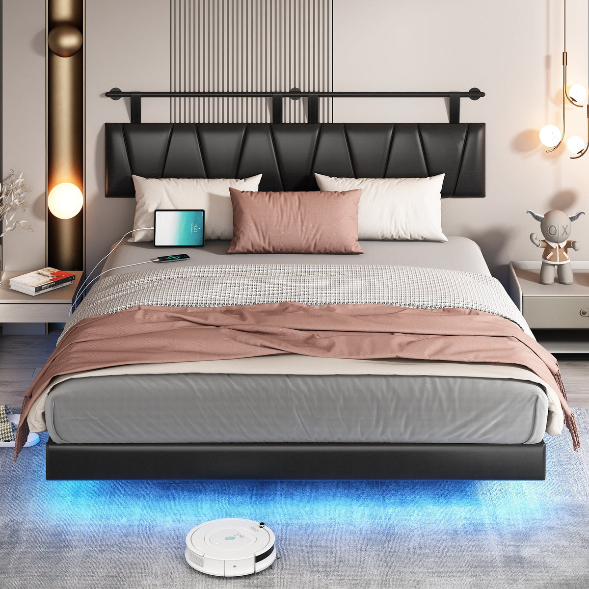 King Size Floating Upholstered Platform Bed with LED Light & Power Charging Station B42003