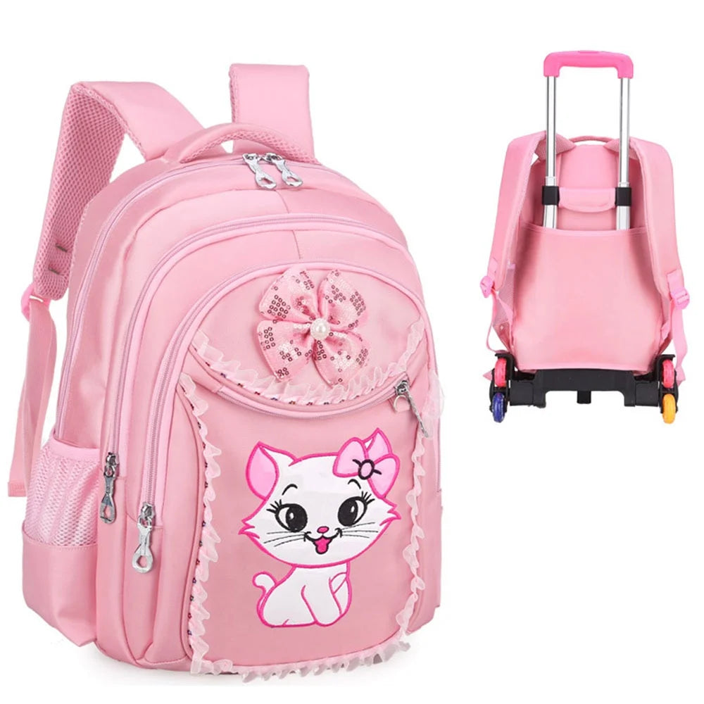 Pink Kids Rolling Backpack with Cartoon Cat M9173